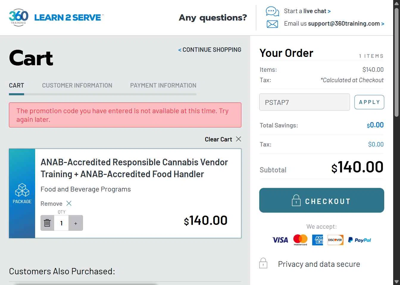 Learn2Serve checkout page showing Learn2Serve discount code box | Screenshot taken by SimplyCodes community member on Jun 12, 2025