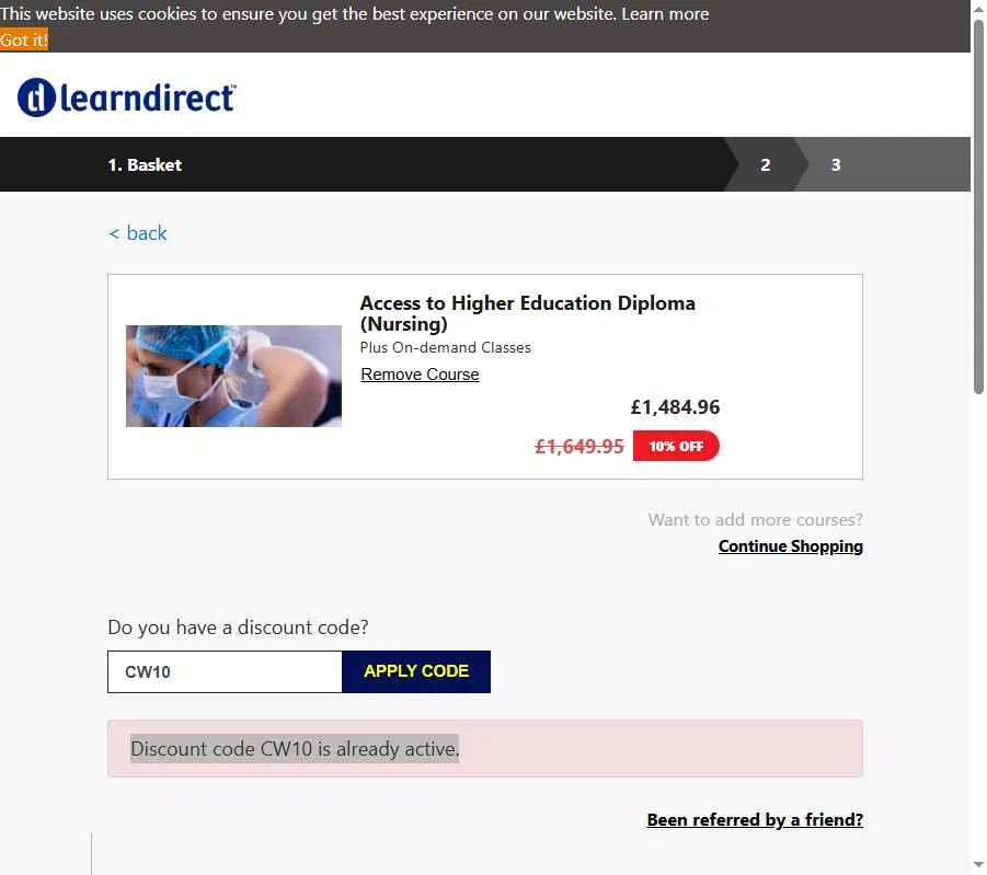 learndirect checkout page showing learndirect discount code box | Screenshot taken by SimplyCodes community member on Jul 6, 2025