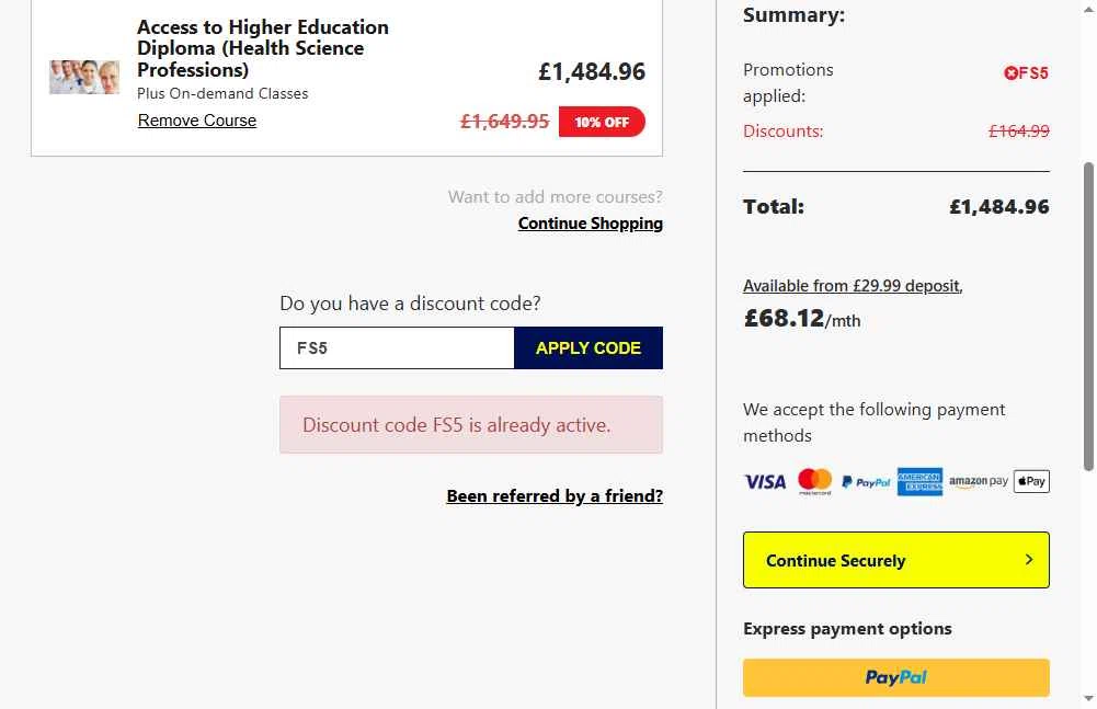 learndirect checkout page showing learndirect discount code box | Screenshot taken by SimplyCodes community member on Aug 7, 2025
