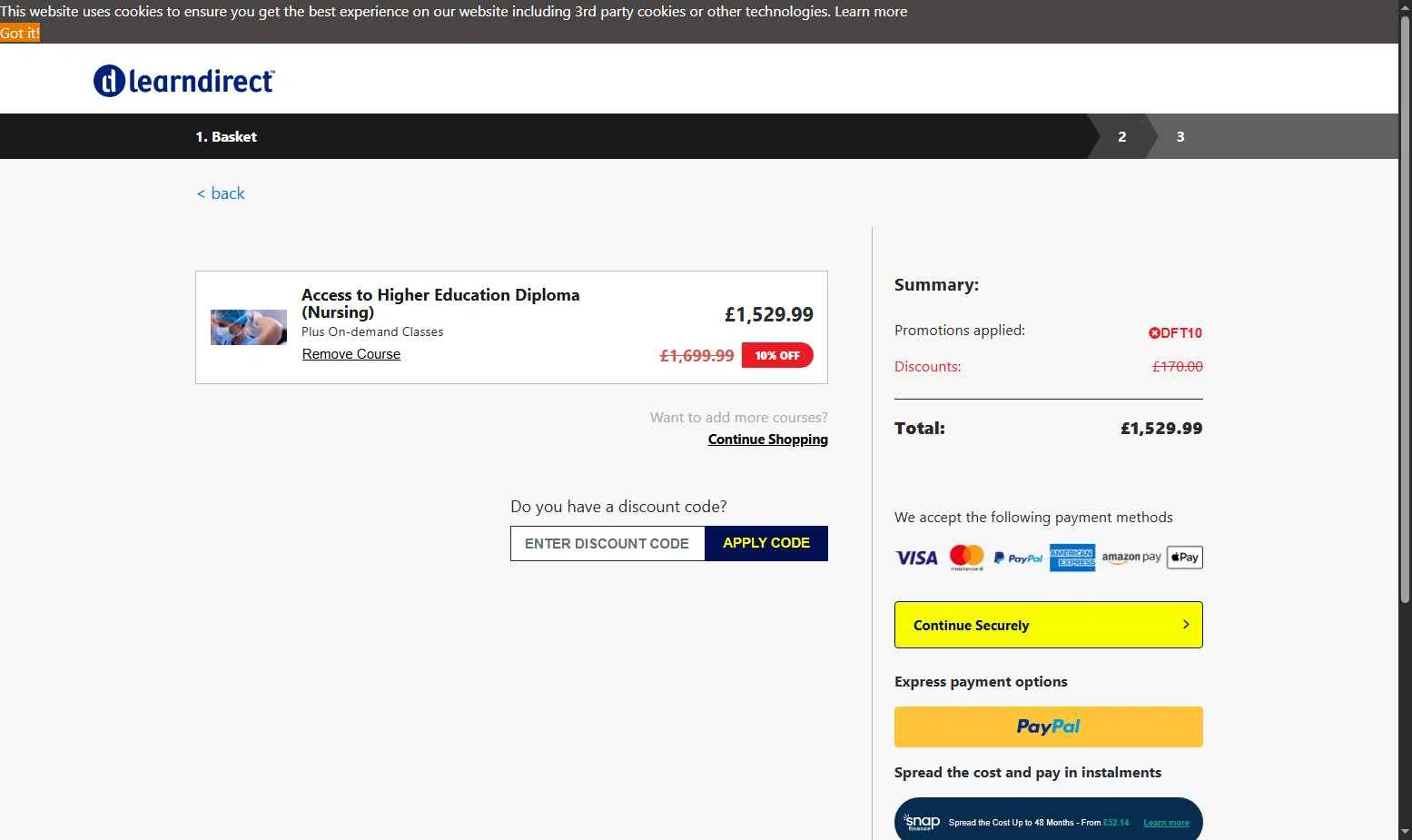 learndirect checkout page showing learndirect discount code box | Screenshot taken by SimplyCodes community member on Nov 14, 2025