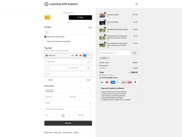 Learning with experts checkout page showing Learning with experts promo code box | Screenshot taken by SimplyCodes community member on Sep 8, 2025