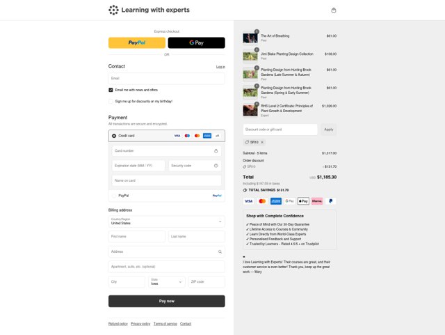 Learning with experts checkout page showing Learning with experts promo code box | Screenshot taken by SimplyCodes community member on Sep 3, 2025