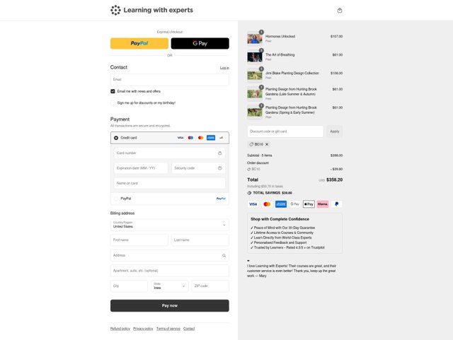 Learning with experts checkout page showing Learning with experts promo code box | Screenshot taken by SimplyCodes community member on Sep 8, 2025