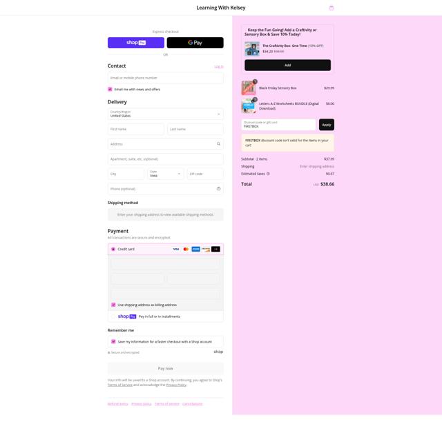 Learning With Kelsey checkout page showing Learning With Kelsey discount code box | Screenshot taken by SimplyCodes community member on Jul 31, 2025