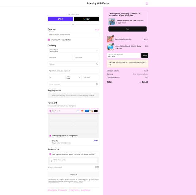 Learning With Kelsey checkout page showing Learning With Kelsey discount code box | Screenshot taken by SimplyCodes community member on Sep 8, 2025