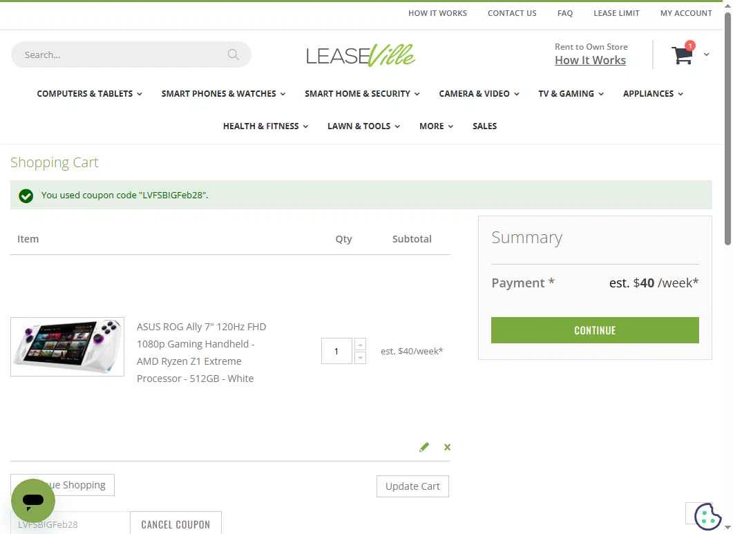 Leaseville checkout page showing Leaseville discount code box | Screenshot taken by SimplyCodes community member on Oct 29, 2025
