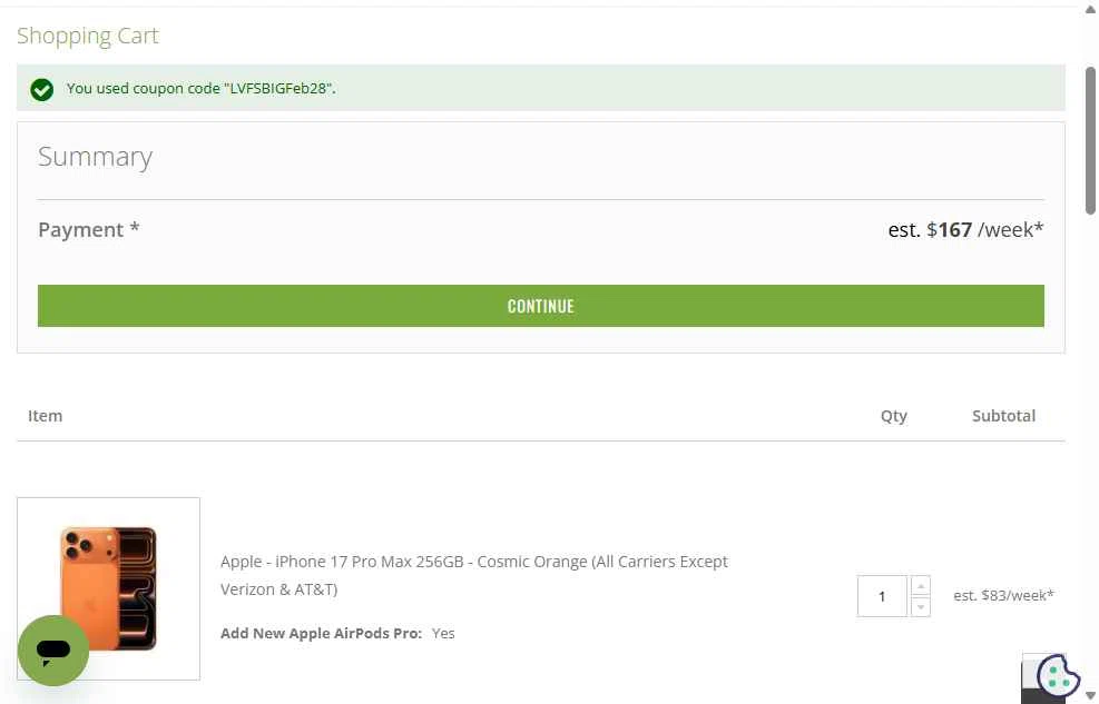 Leaseville checkout page showing Leaseville discount code box | Screenshot taken by SimplyCodes community member on Dec 11, 2025