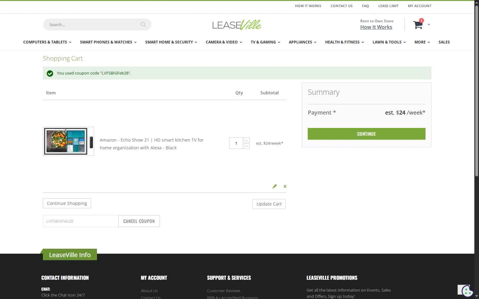 Leaseville checkout page showing Leaseville discount code box | Screenshot taken by SimplyCodes community member on Jan 12, 2026