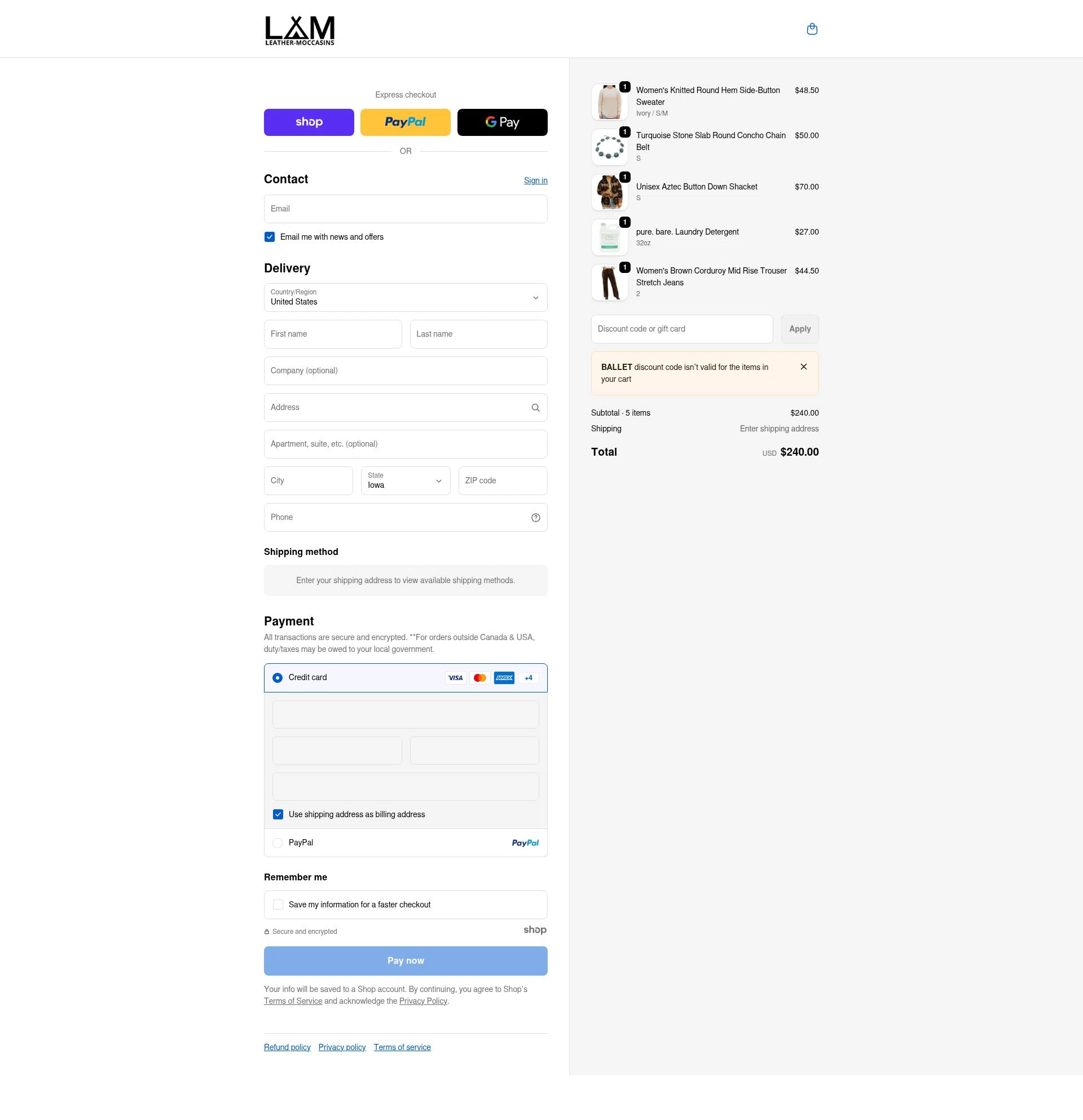 Leather-Moccasins checkout page showing Leather-Moccasins promo code box | Screenshot taken by SimplyCodes community member on Dec 28, 2025
