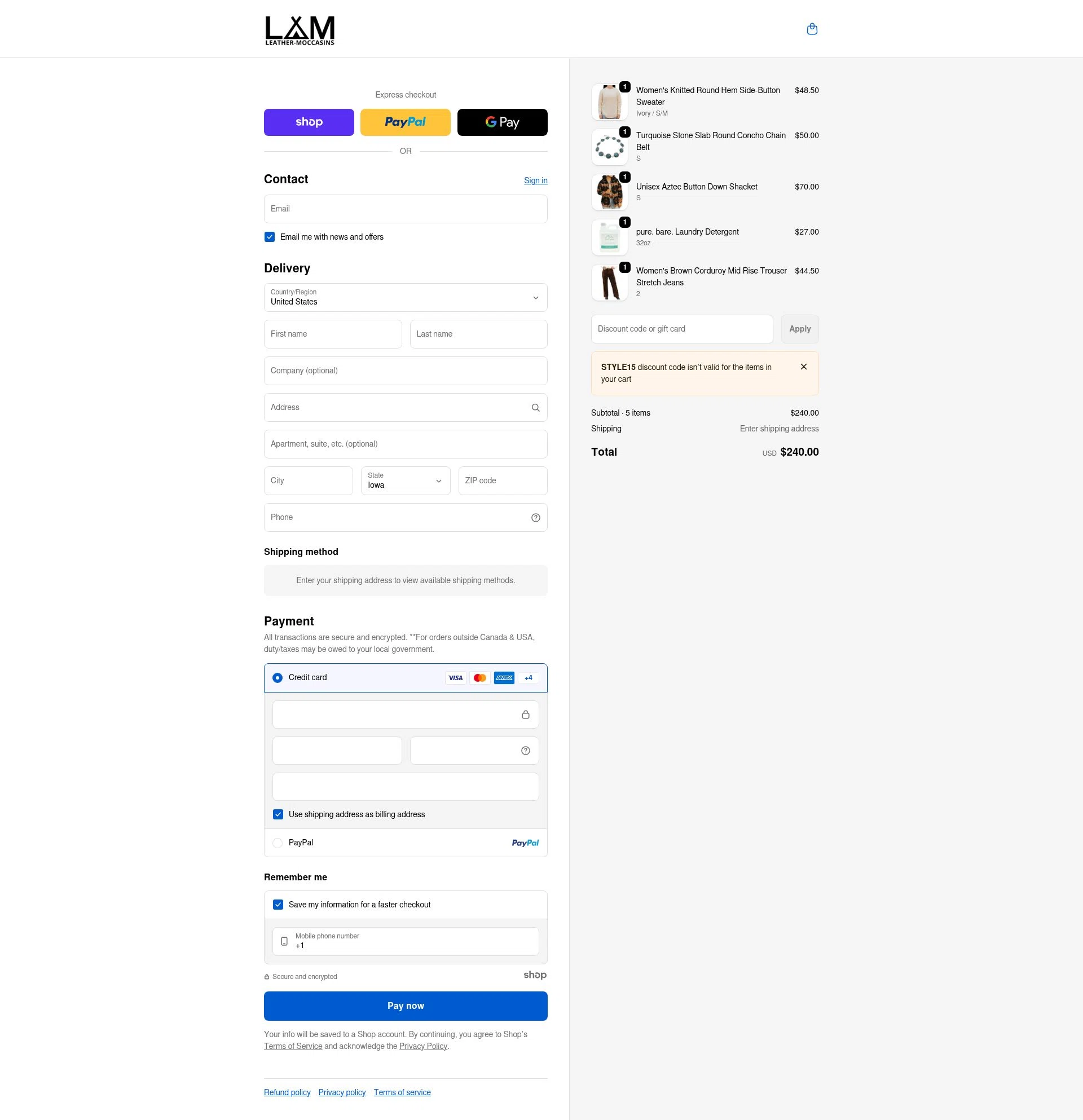 Leather-Moccasins checkout page showing Leather-Moccasins promo code box | Screenshot taken by SimplyCodes community member on Jan 2, 2026