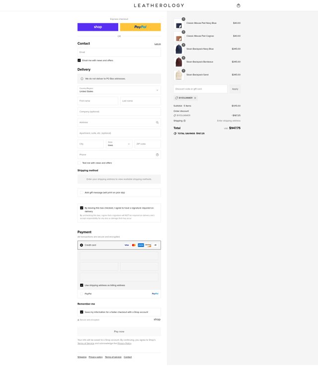 Leatherology checkout page showing Leatherology discount code box | Screenshot taken by SimplyCodes community member on Sep 3, 2025