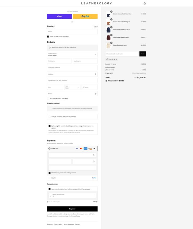 Leatherology checkout page showing Leatherology discount code box | Screenshot taken by SimplyCodes community member on Sep 3, 2025