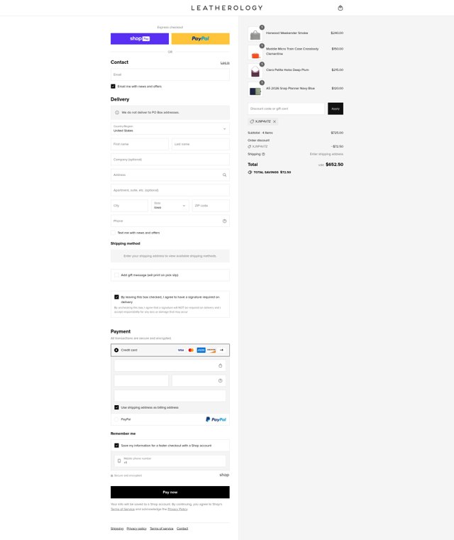 Leatherology checkout page showing Leatherology discount code box | Screenshot taken by SimplyCodes community member on Aug 12, 2025