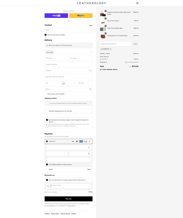Leatherology checkout page showing Leatherology discount code box | Screenshot taken by SimplyCodes community member on Aug 21, 2025