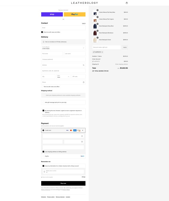 Leatherology checkout page showing Leatherology discount code box | Screenshot taken by SimplyCodes community member on Sep 7, 2025
