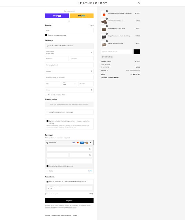 Leatherology checkout page showing Leatherology discount code box | Screenshot taken by SimplyCodes community member on Aug 25, 2025