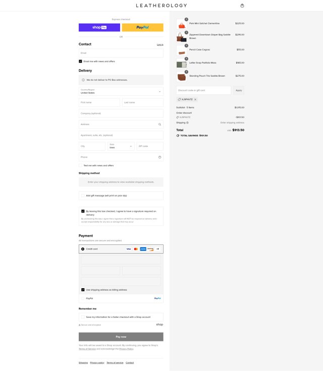 Leatherology checkout page showing Leatherology discount code box | Screenshot taken by SimplyCodes community member on Aug 16, 2025