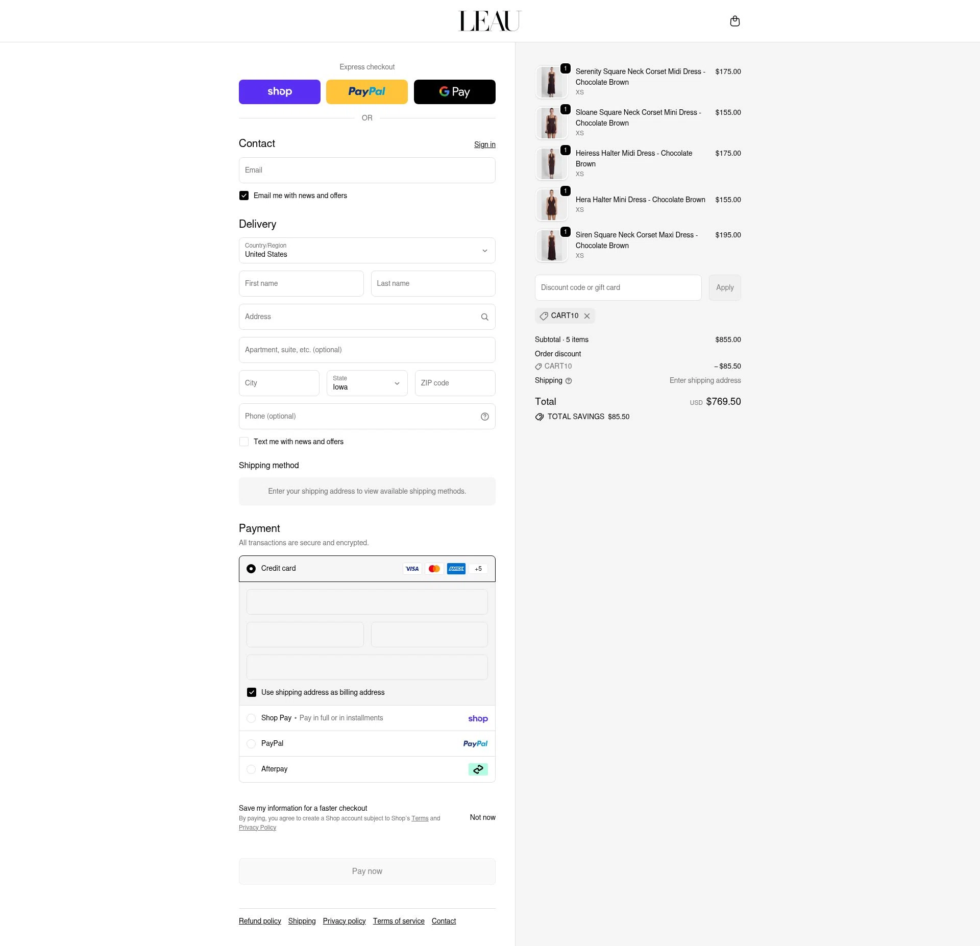 LEAU checkout page showing LEAU discount code box | Screenshot taken by SimplyCodes community member on Feb 17, 2026