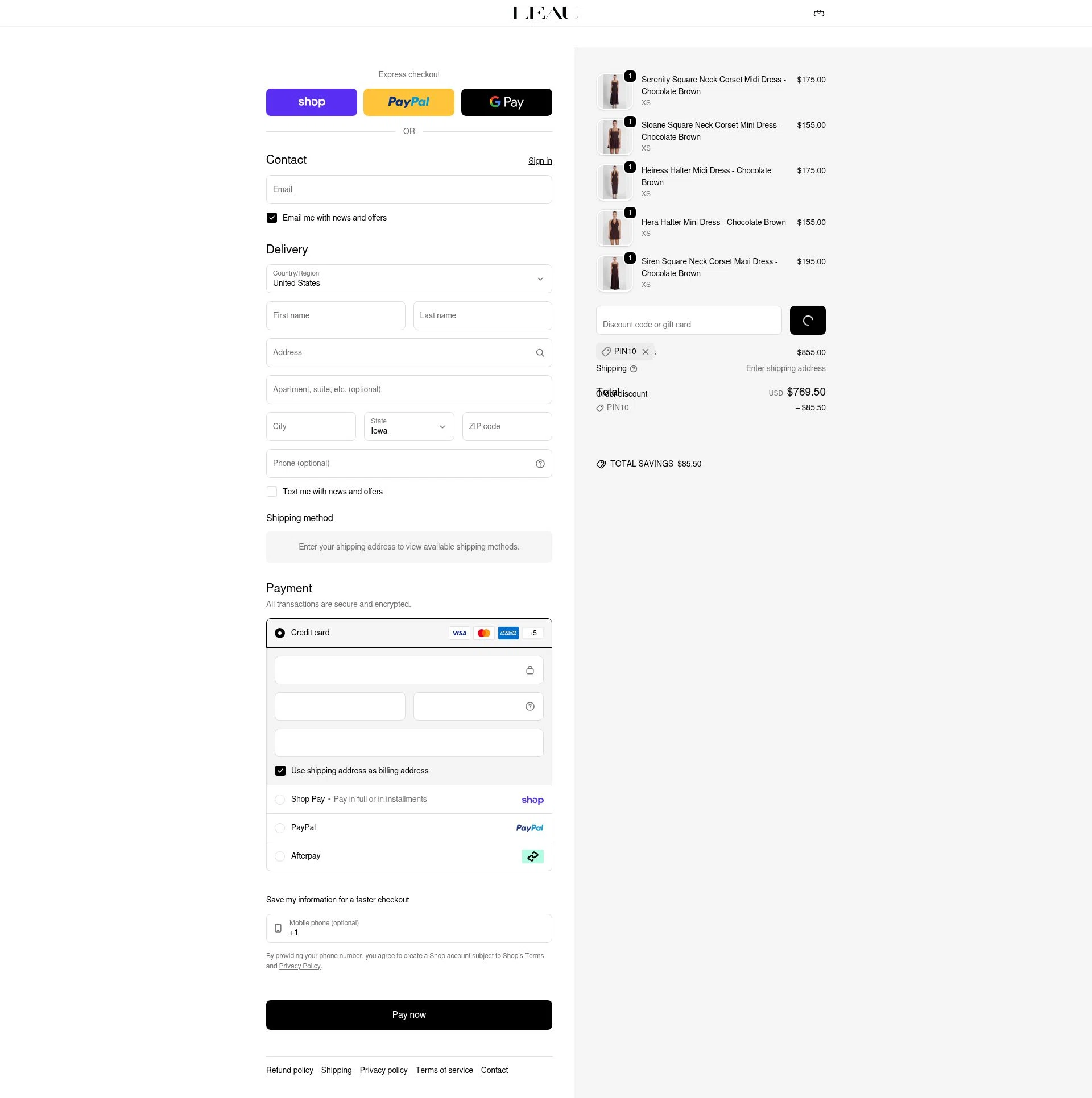 LEAU checkout page showing LEAU discount code box | Screenshot taken by SimplyCodes community member on Feb 13, 2026
