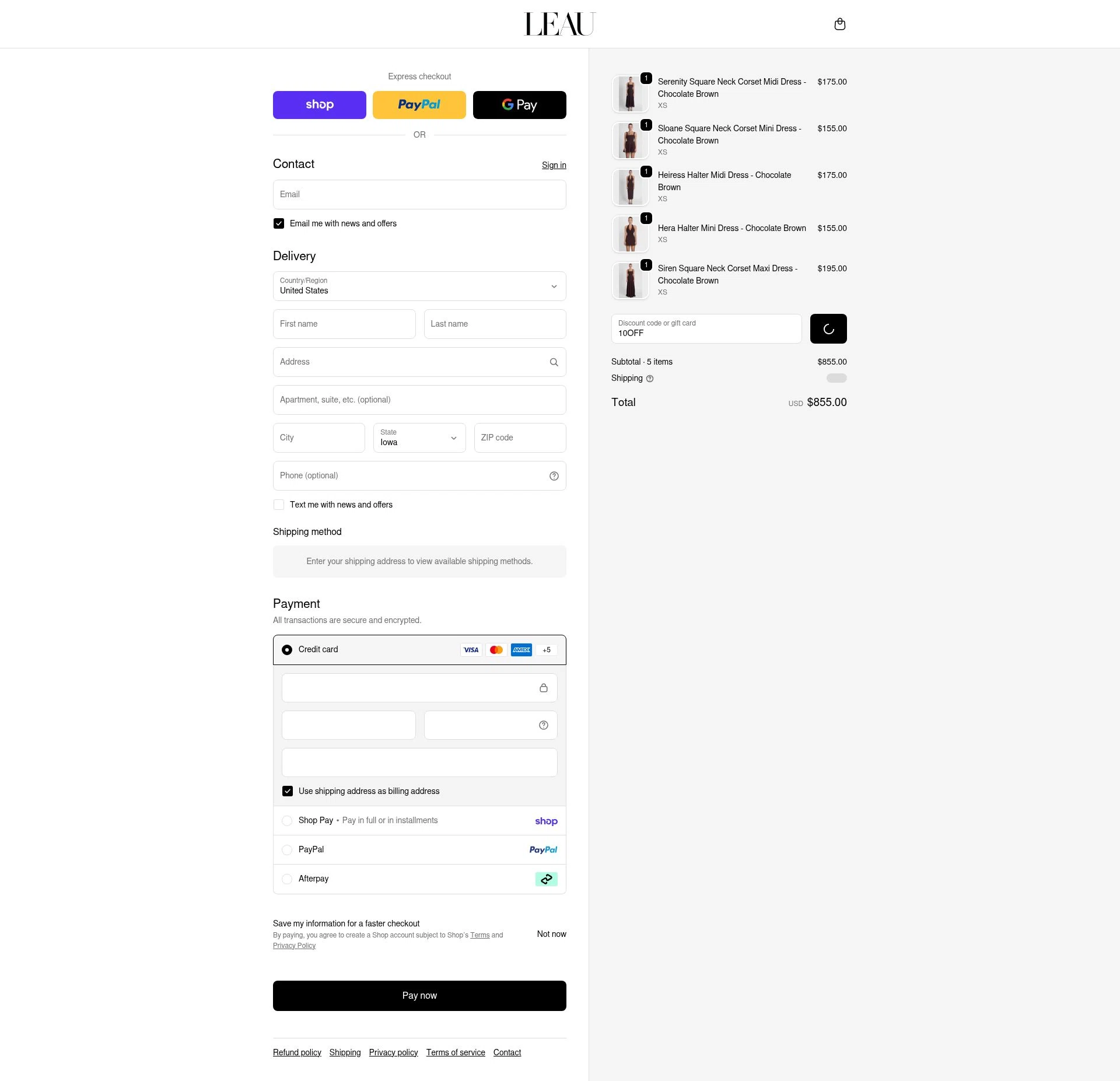 LEAU checkout page showing LEAU discount code box | Screenshot taken by SimplyCodes community member on Feb 17, 2026