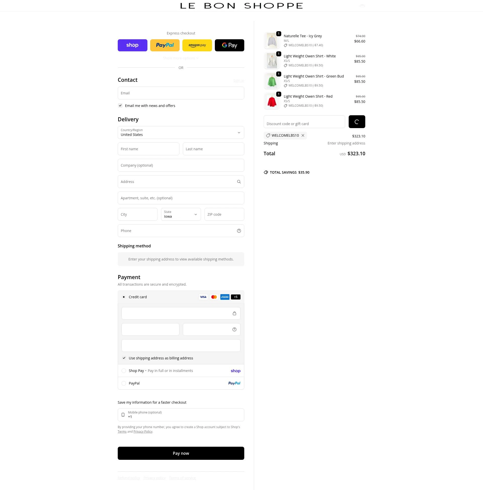 Le Bon Shoppe checkout page showing Le Bon Shoppe discount code box | Screenshot taken by SimplyCodes community member on Feb 12, 2026