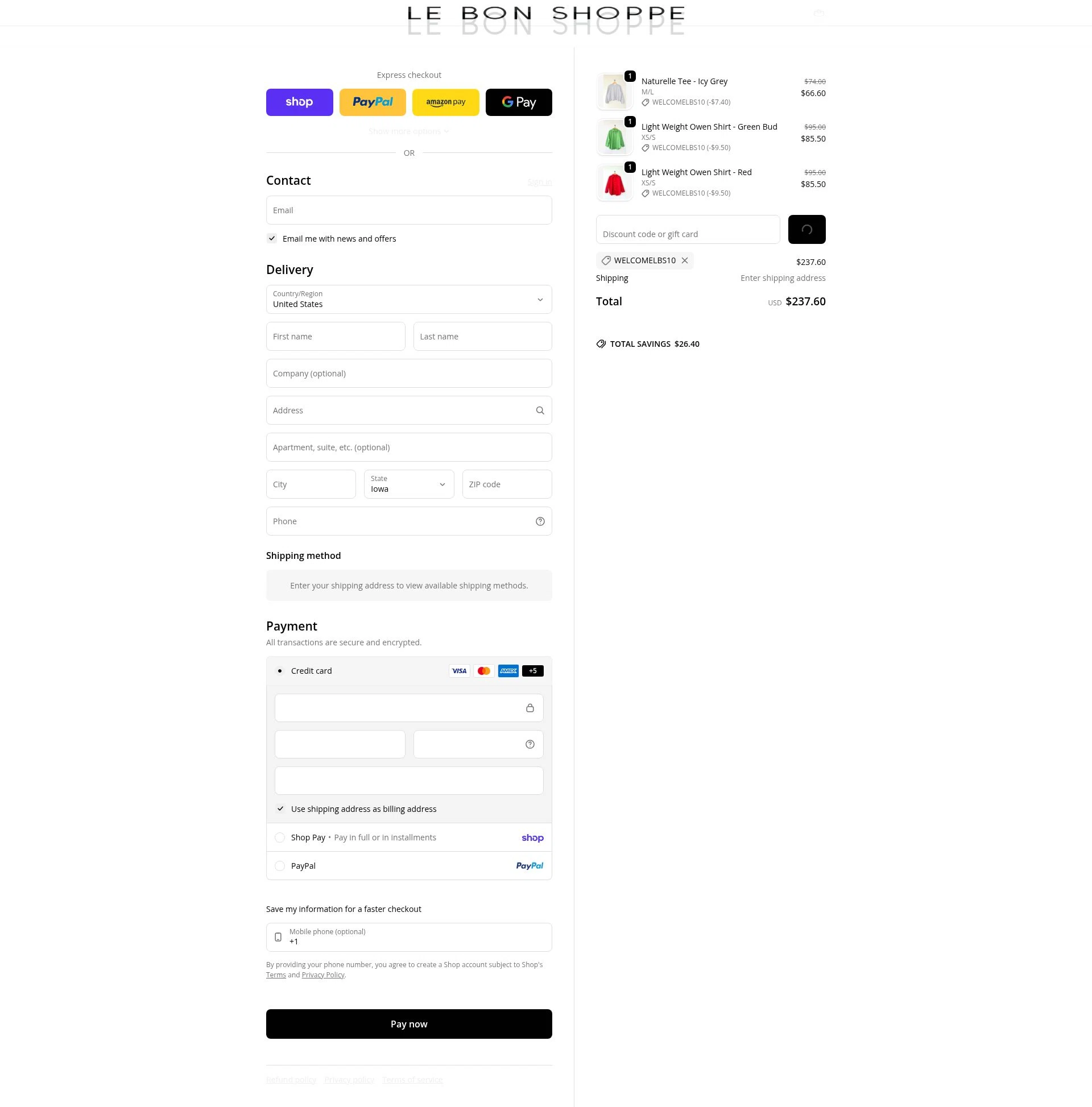 Le Bon Shoppe checkout page showing Le Bon Shoppe discount code box | Screenshot taken by SimplyCodes community member on Feb 16, 2026