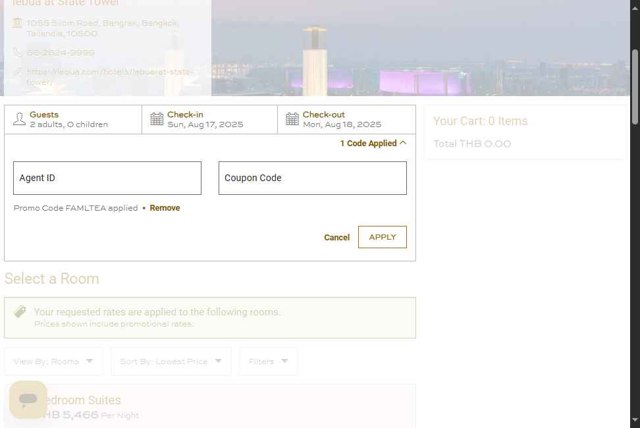 Lebua Hotels & Resorts checkout page showing Lebua Hotels & Resorts promo code box | Screenshot taken by SimplyCodes community member on Aug 16, 2025