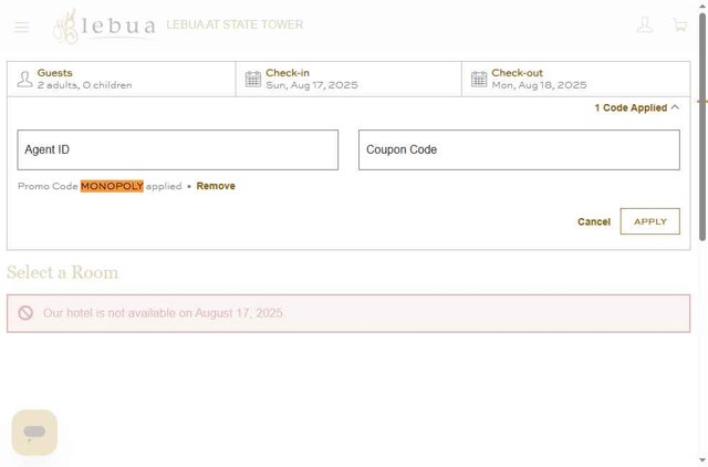 Lebua Hotels & Resorts checkout page showing Lebua Hotels & Resorts promo code box | Screenshot taken by SimplyCodes community member on Aug 16, 2025