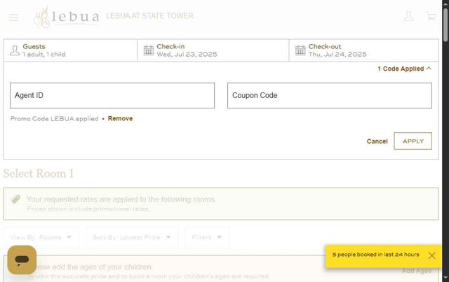Lebua Hotels & Resorts checkout page showing Lebua Hotels & Resorts promo code box | Screenshot taken by SimplyCodes community member on Jul 22, 2025
