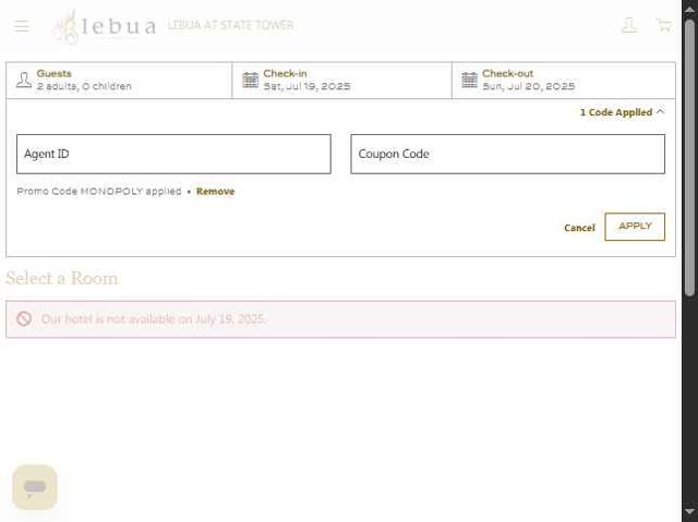 Lebua Hotels & Resorts checkout page showing Lebua Hotels & Resorts promo code box | Screenshot taken by SimplyCodes community member on Jul 18, 2025
