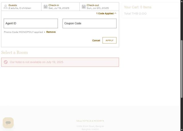 Lebua Hotels & Resorts checkout page showing Lebua Hotels & Resorts promo code box | Screenshot taken by SimplyCodes community member on Jul 18, 2025