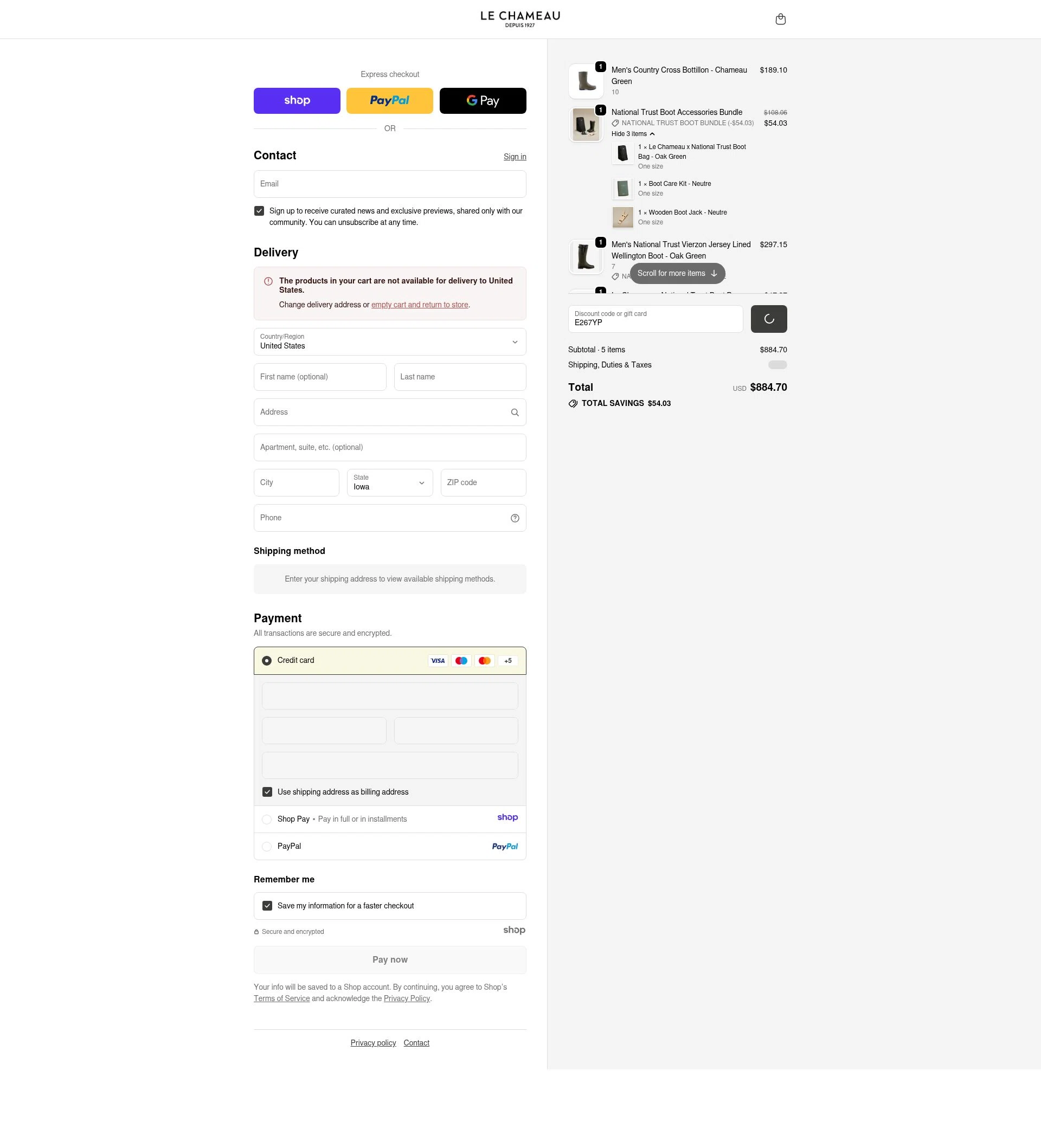 Le Chameau checkout page showing Le Chameau promo code box | Screenshot taken by SimplyCodes community member on Dec 24, 2025