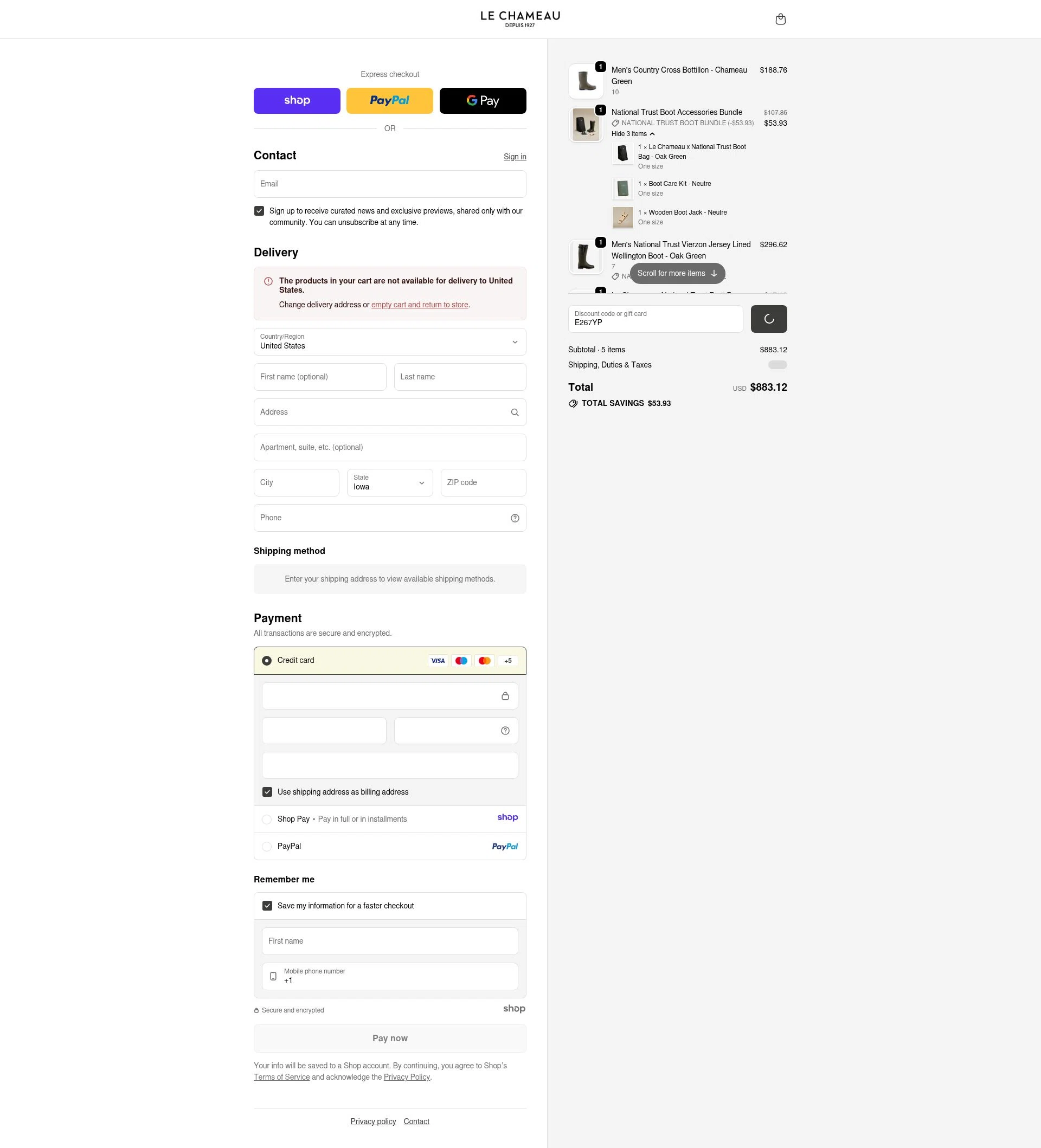 Le Chameau checkout page showing Le Chameau promo code box | Screenshot taken by SimplyCodes community member on Dec 29, 2025