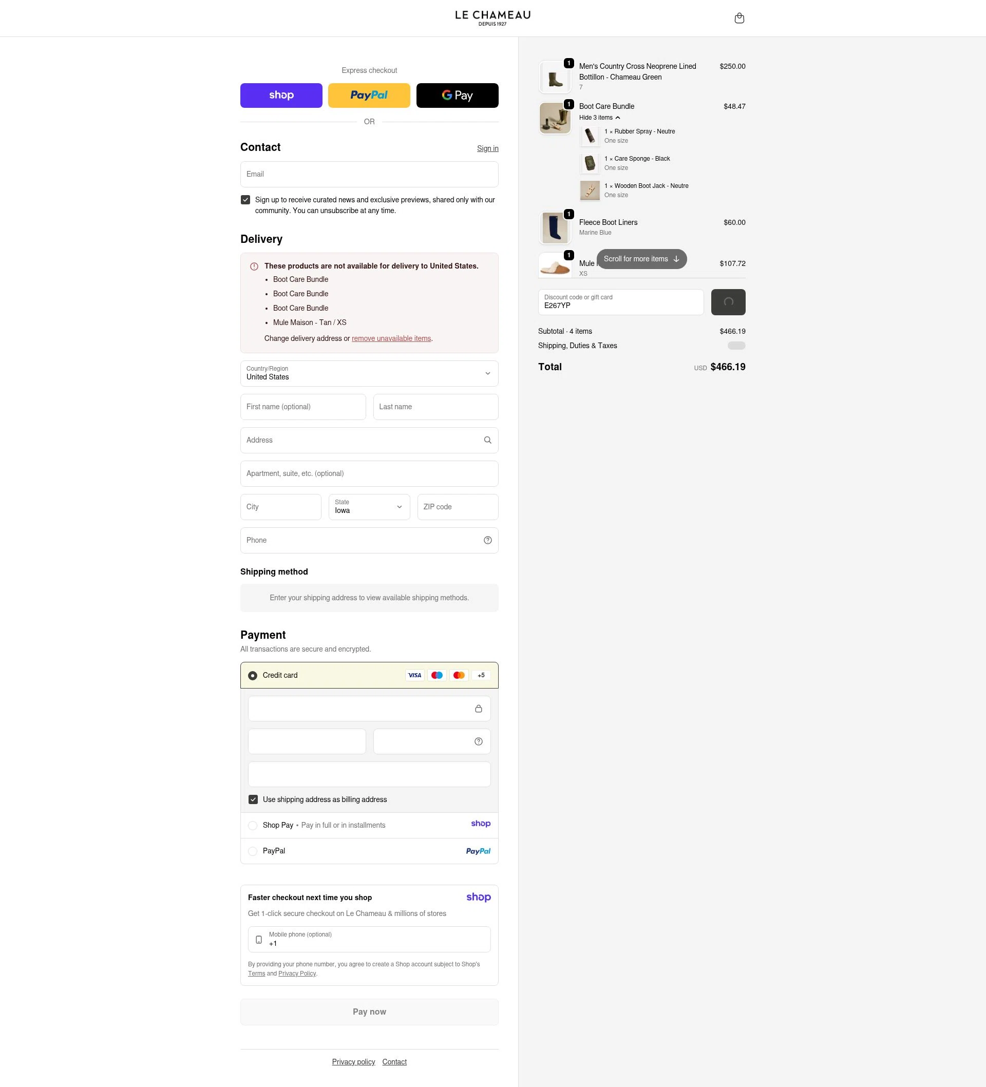 Le Chameau checkout page showing Le Chameau promo code box | Screenshot taken by SimplyCodes community member on Jan 13, 2026