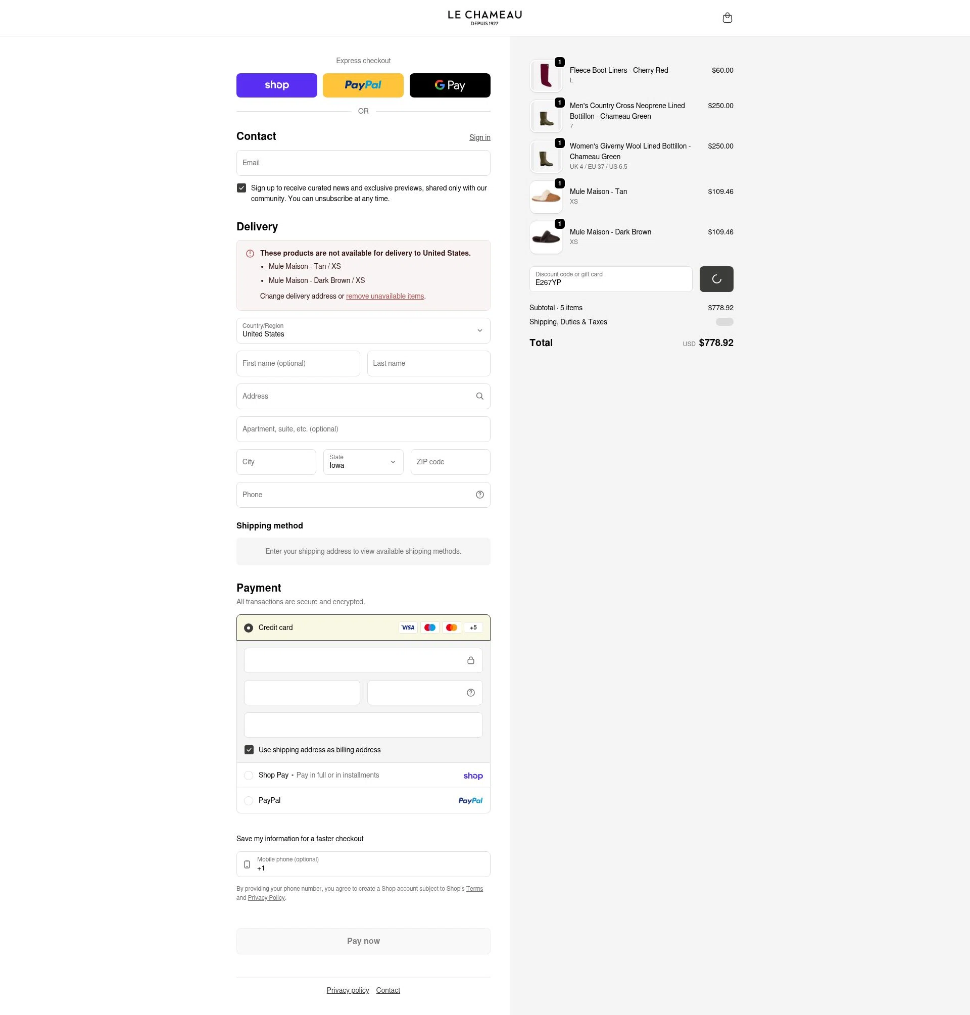 Le Chameau checkout page showing Le Chameau promo code box | Screenshot taken by SimplyCodes community member on Feb 1, 2026
