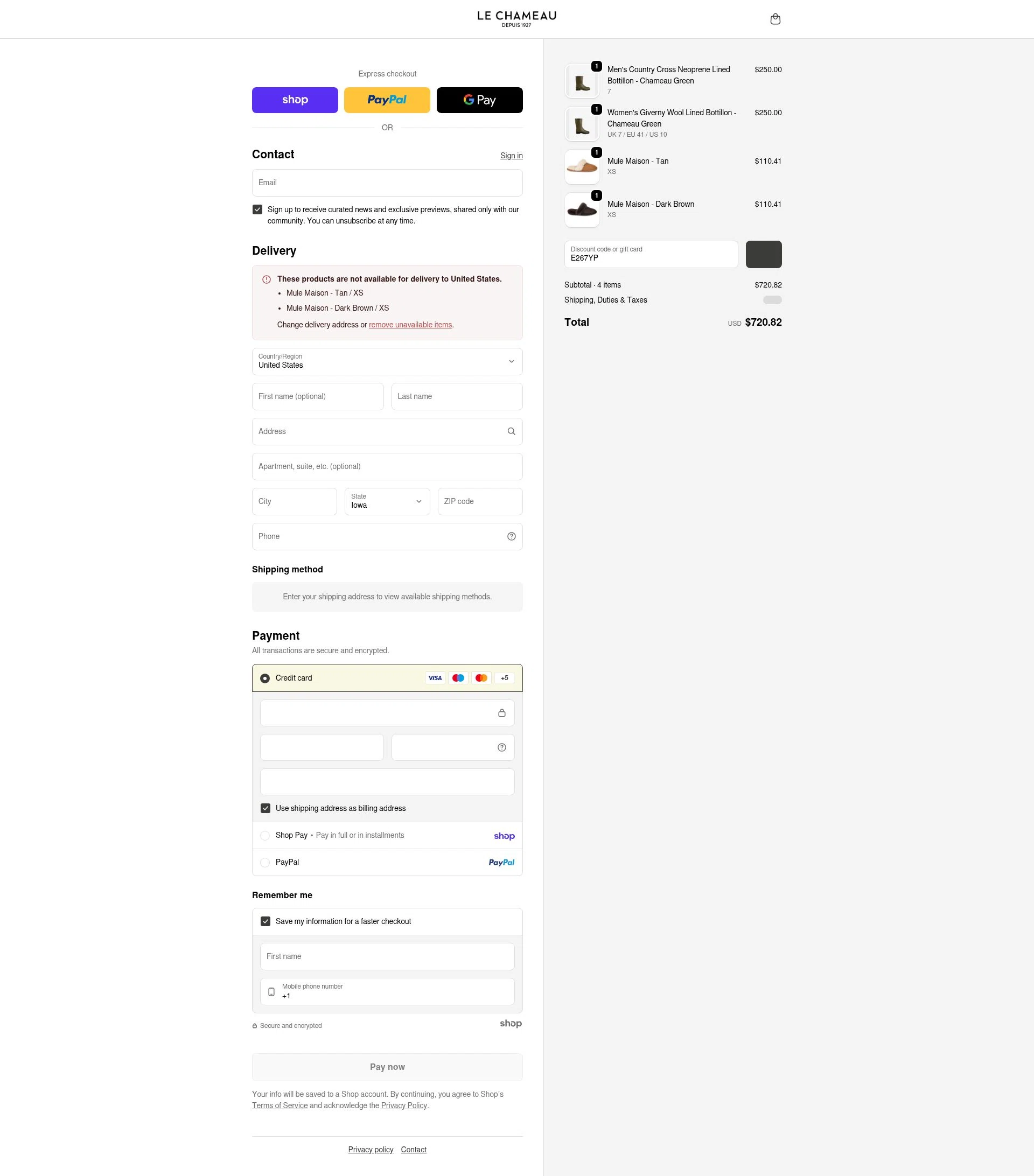 Le Chameau checkout page showing Le Chameau promo code box | Screenshot taken by SimplyCodes community member on Jan 28, 2026