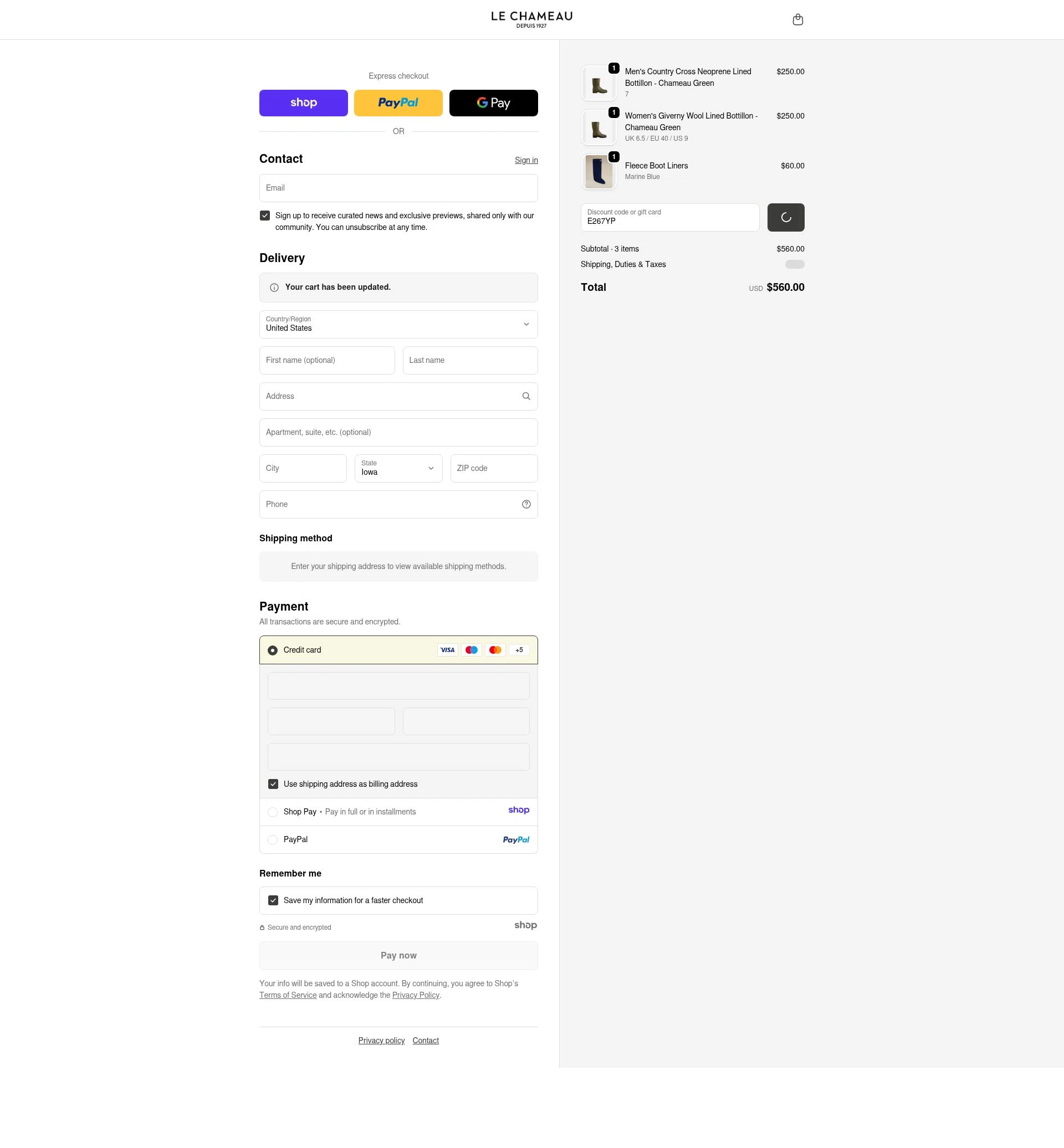 Le Chameau checkout page showing Le Chameau promo code box | Screenshot taken by SimplyCodes community member on Jan 8, 2026