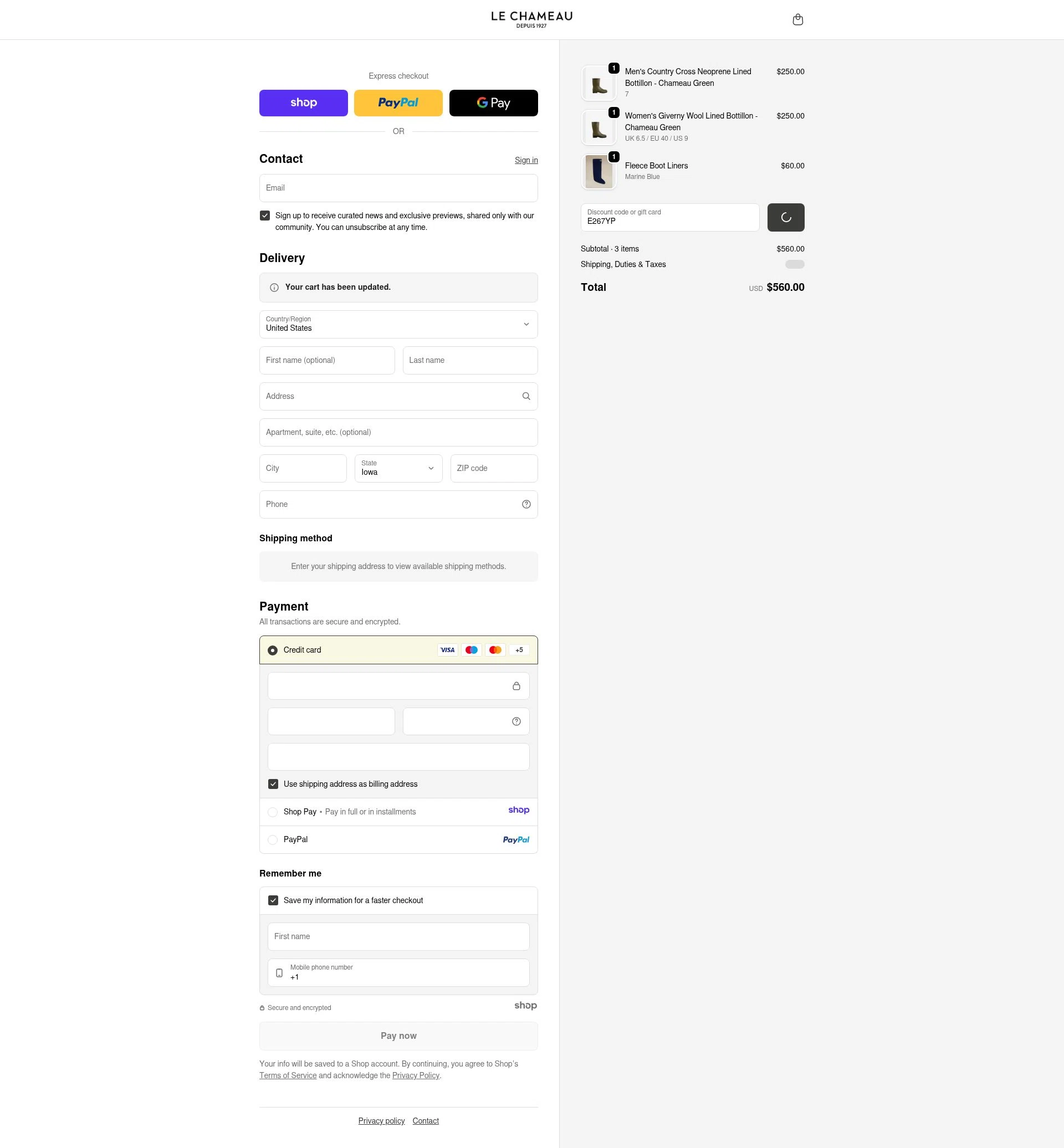 Le Chameau checkout page showing Le Chameau promo code box | Screenshot taken by SimplyCodes community member on Jan 3, 2026