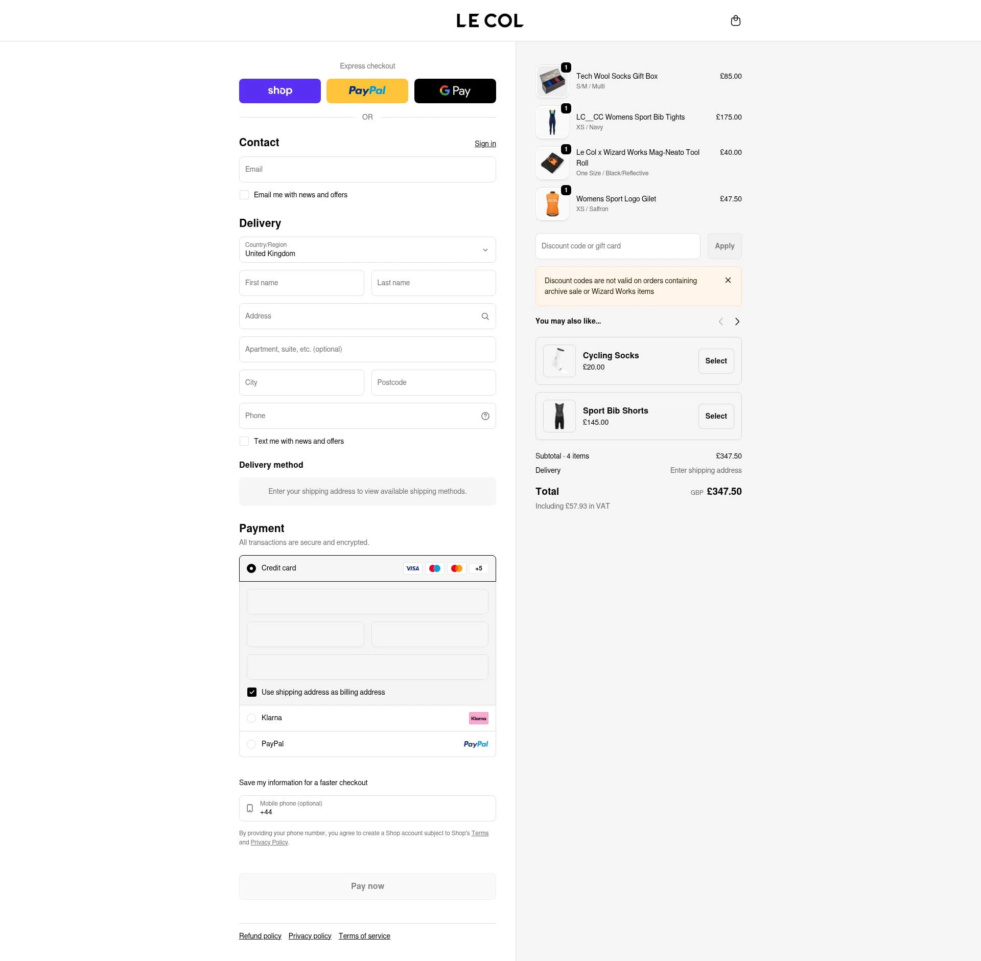 Le Col checkout page showing Le Col discount code box | Screenshot taken by SimplyCodes community member on Feb 4, 2026