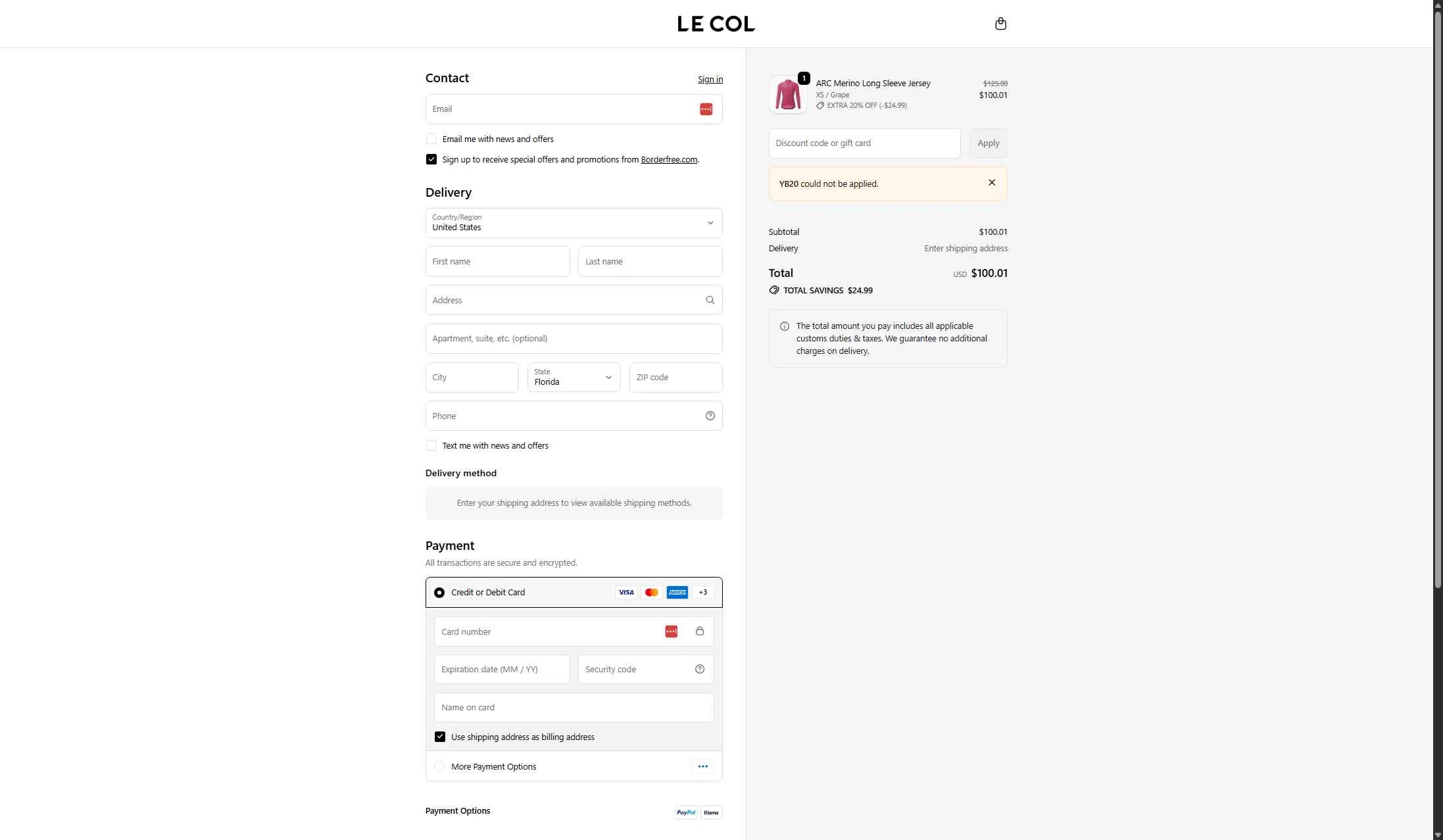 Le Col checkout page showing Le Col discount code box | Screenshot taken by SimplyCodes community member on Jan 17, 2026