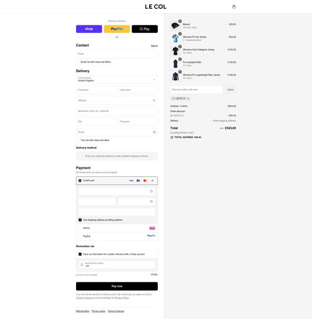 Le Col checkout page showing Le Col discount code box | Screenshot taken by SimplyCodes community member on Sep 12, 2025