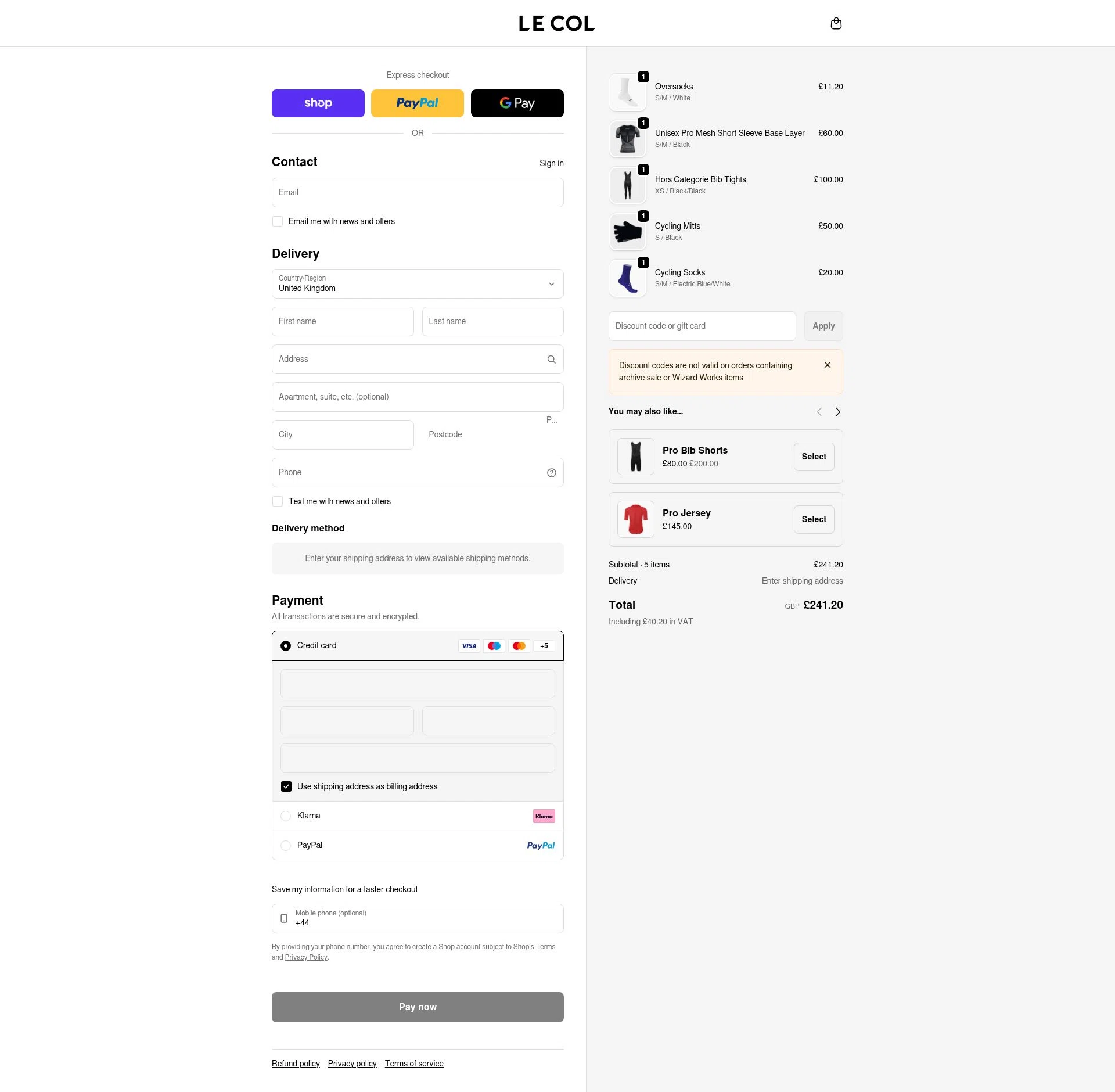 Le Col checkout page showing Le Col discount code box | Screenshot taken by SimplyCodes community member on Feb 22, 2026