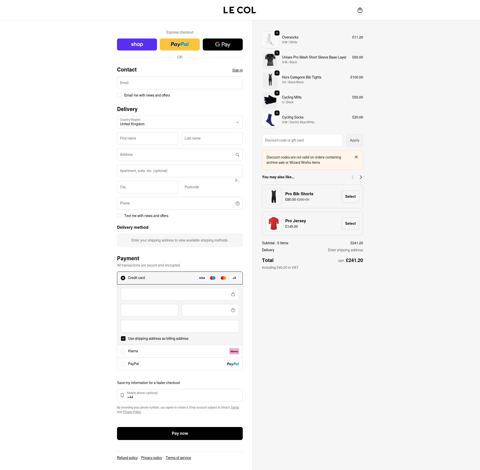 Le Col checkout page showing Le Col discount code box | Screenshot taken by SimplyCodes community member on Feb 22, 2026