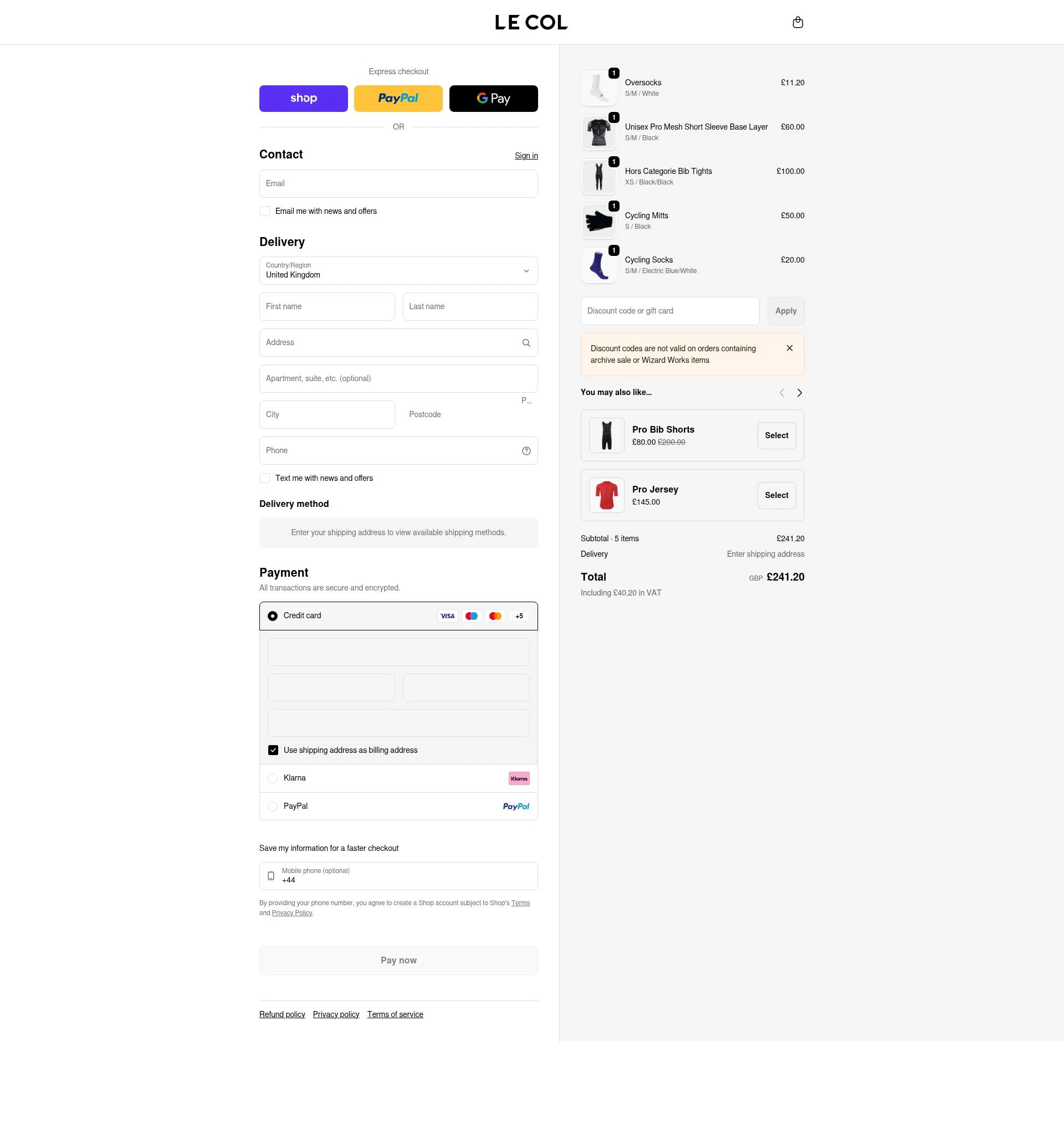 Le Col checkout page showing Le Col discount code box | Screenshot taken by SimplyCodes community member on Feb 22, 2026