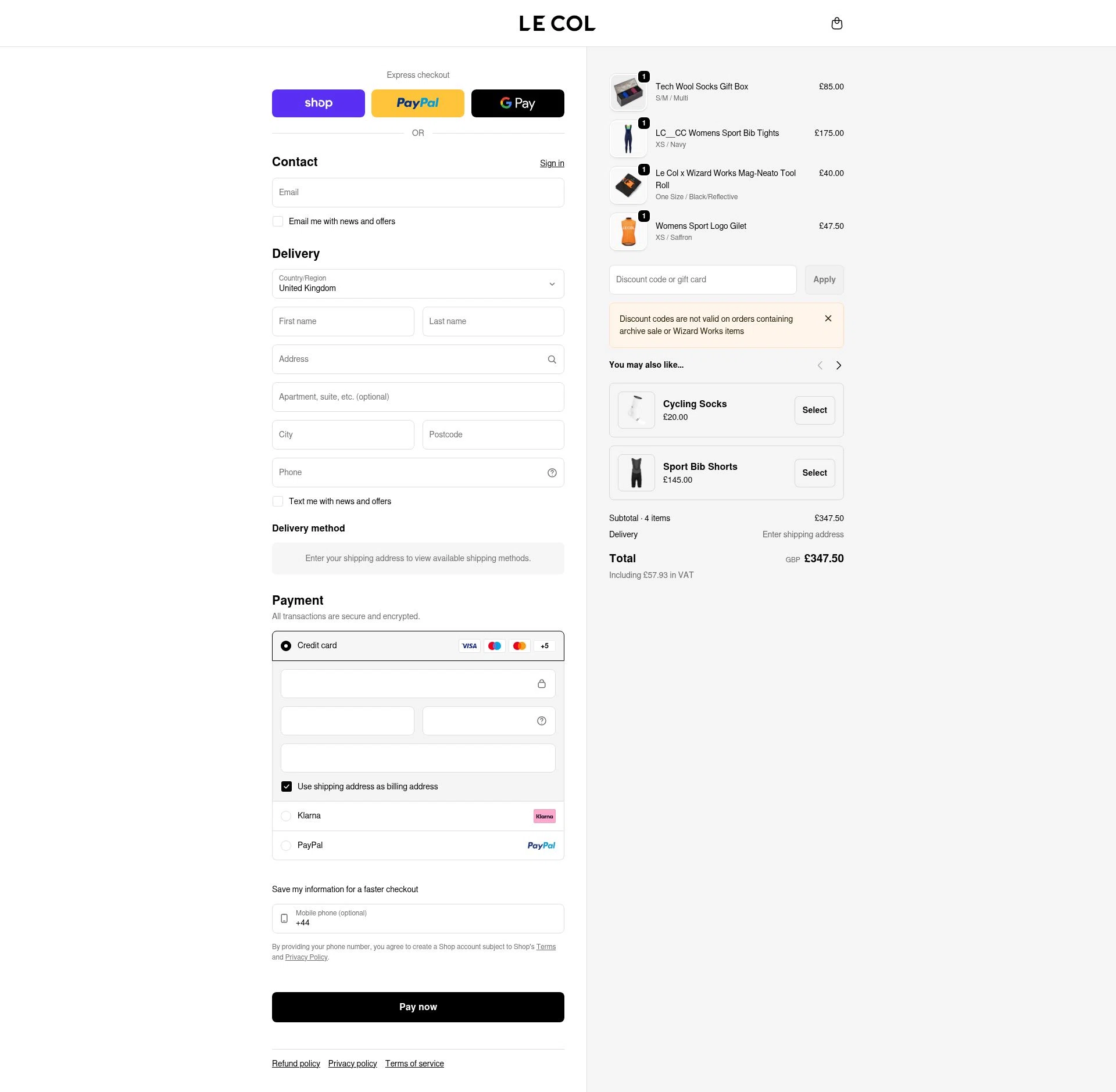 Le Col checkout page showing Le Col discount code box | Screenshot taken by SimplyCodes community member on Feb 4, 2026