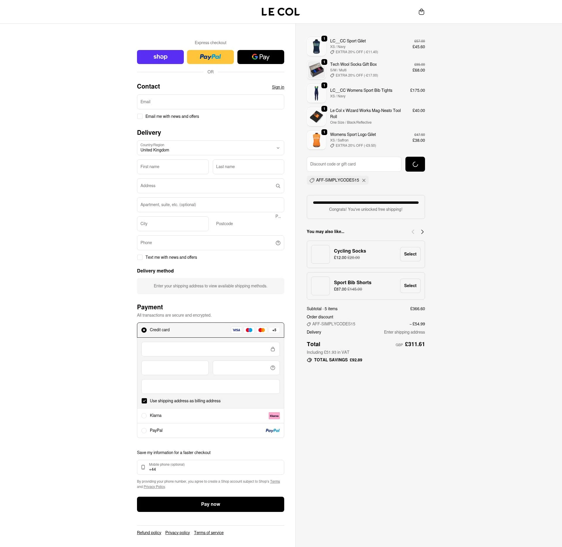 Le Col checkout page showing Le Col discount code box | Screenshot taken by SimplyCodes community member on Jan 17, 2026