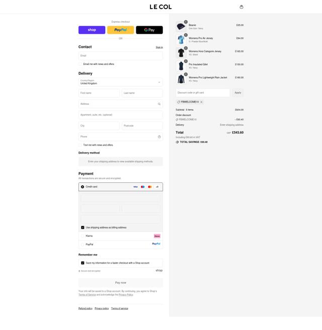 Le Col checkout page showing Le Col discount code box | Screenshot taken by SimplyCodes community member on Sep 12, 2025