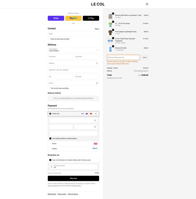Le Col checkout page showing Le Col discount code box | Screenshot taken by SimplyCodes community member on Oct 2, 2025