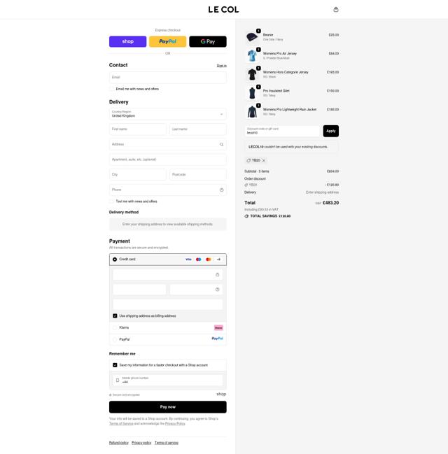 Le Col checkout page showing Le Col discount code box | Screenshot taken by SimplyCodes community member on Sep 24, 2025