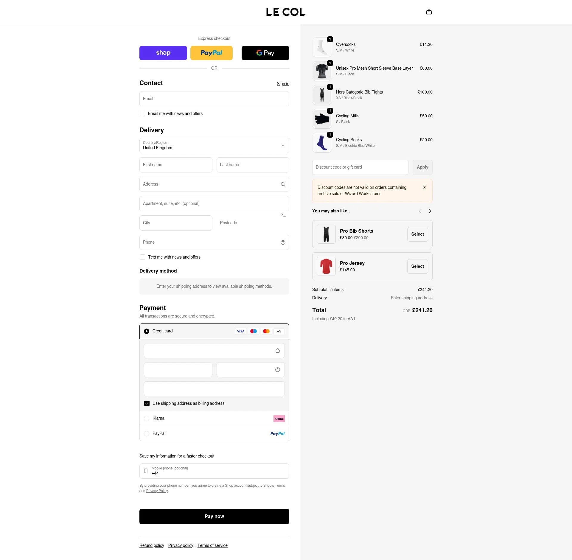 Le Col checkout page showing Le Col discount code box | Screenshot taken by SimplyCodes community member on Feb 22, 2026